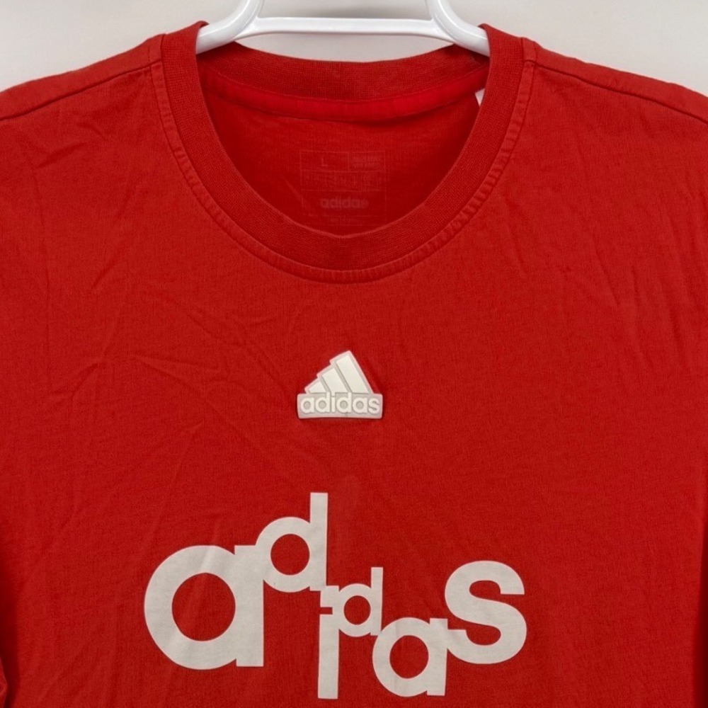 Adidas Mens Graphic Tee Red Short Sleeve Jumbled Logo Crewneck Large